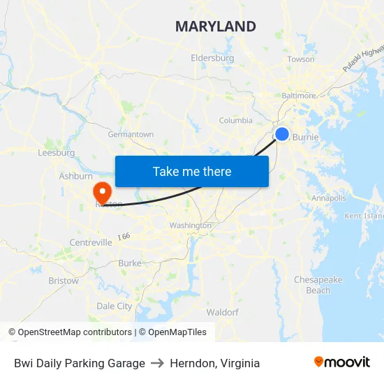 Bwi Daily Parking Garage to Herndon, Virginia map