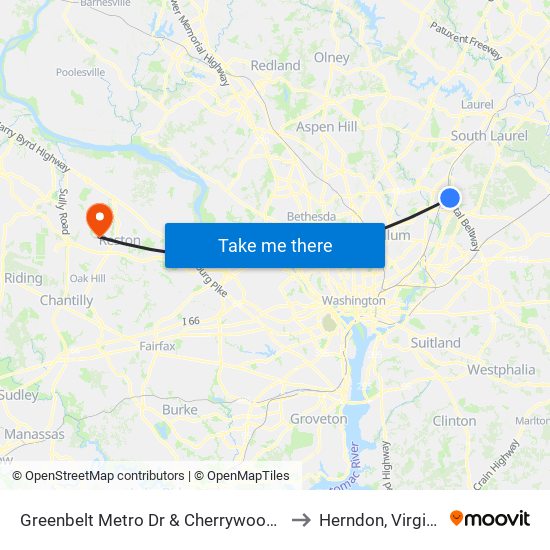 Greenbelt Metro Dr & Cherrywood Ln to Herndon, Virginia map