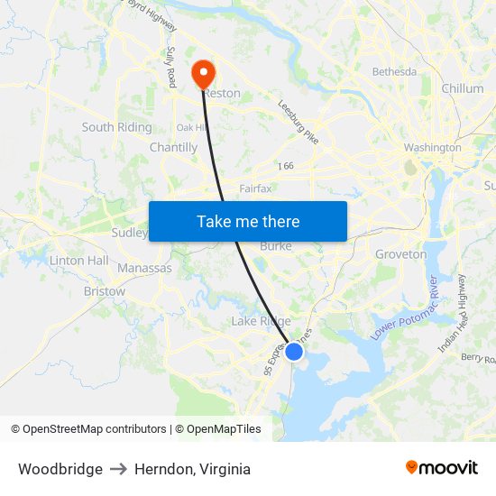 Woodbridge to Herndon, Virginia map