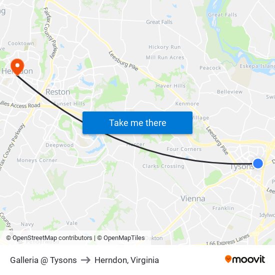 Galleria And Tysons to Herndon, Virginia map
