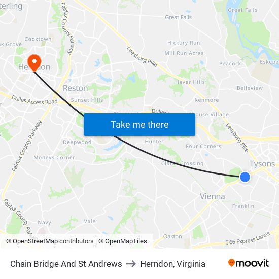 Chain Bridge And St Andrews to Herndon, Virginia map
