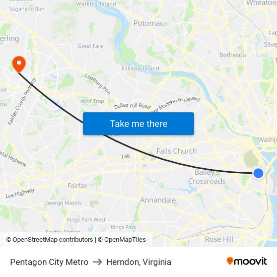 Pentagon City Metro to Herndon, Virginia map