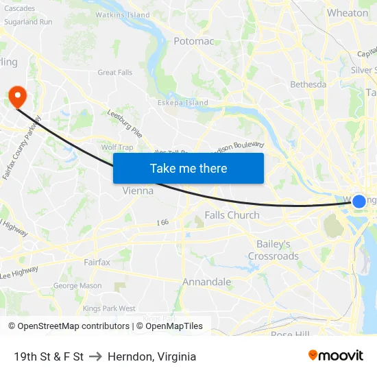 19th St & F St to Herndon, Virginia map