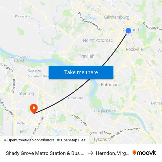 Shady Grove Metro Station & Bus Bay C to Herndon, Virginia map