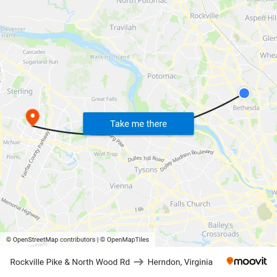 Rockville Pike & North Wood Rd to Herndon, Virginia map