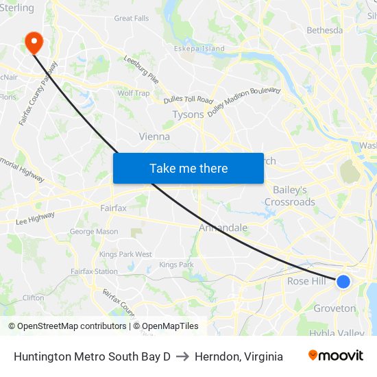 Huntington Metro South Bay D to Herndon, Virginia map