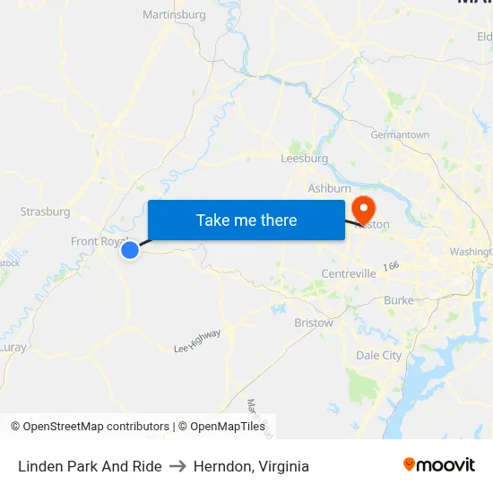 Linden Park And Ride to Herndon, Virginia map