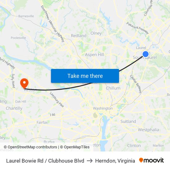 Laurel Bowie Rd / Clubhouse Blvd to Herndon, Virginia map