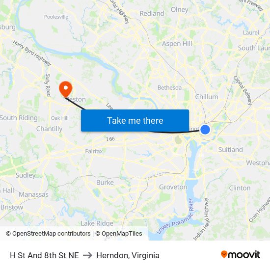 H St And 8th St NE to Herndon, Virginia map