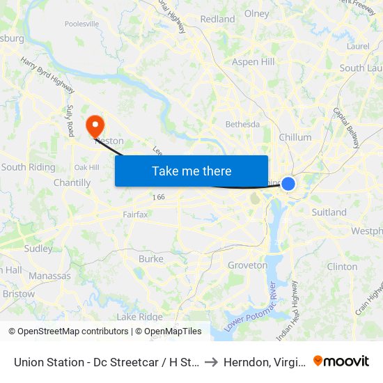 Union Station - Dc Streetcar / H Street to Herndon, Virginia map