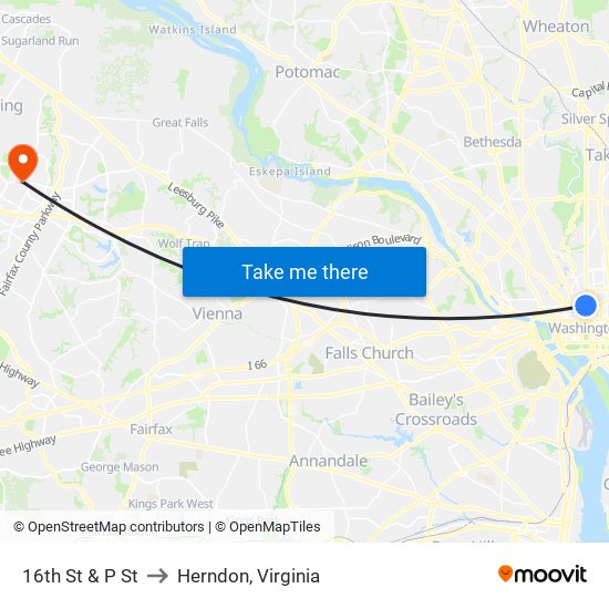 16th St & P St to Herndon, Virginia map