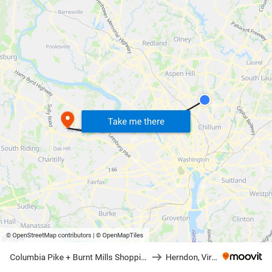 Columbia Pike + Burnt Mills Shopping Center to Herndon, Virginia map