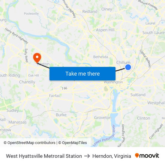 West Hyattsville Metrorail Station to Herndon, Virginia map