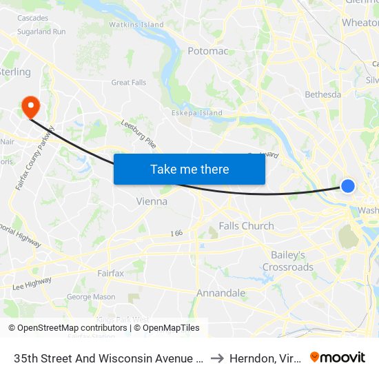 35th Street And Wisconsin Avenue NW (Sb) to Herndon, Virginia map