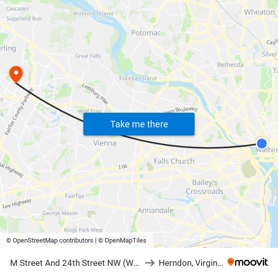 M Street And 24th Street NW (Wb) to Herndon, Virginia map