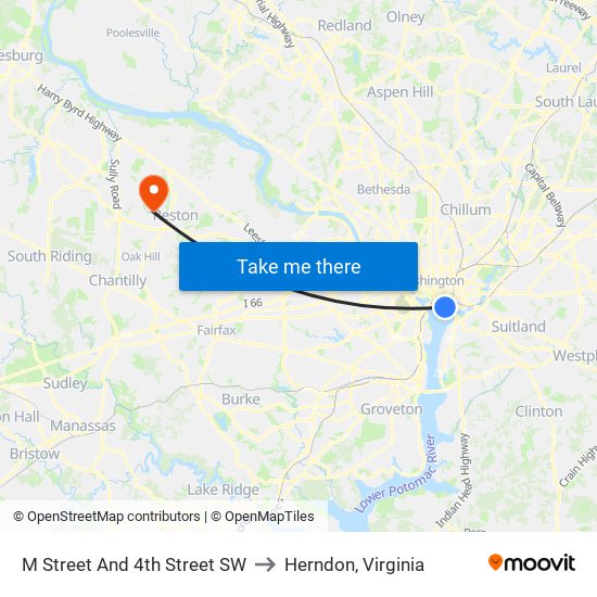 M Street And 4th Street SW to Herndon, Virginia map