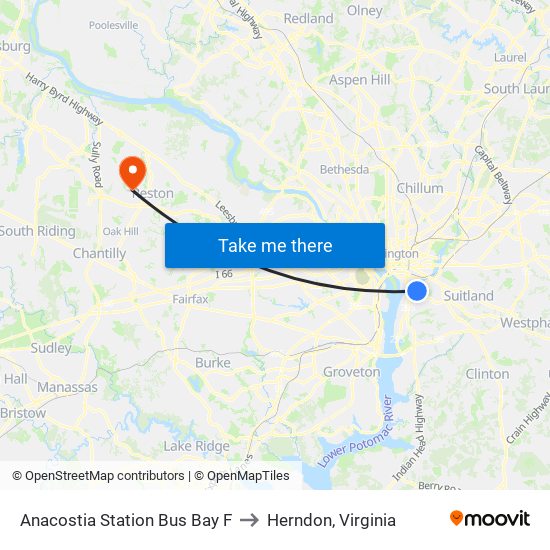 Anacostia Station Bus Bay F to Herndon, Virginia map