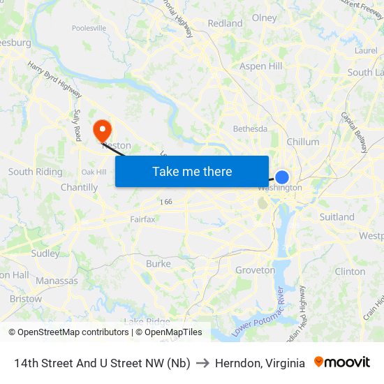 14th Street And U Street NW (Nb) to Herndon, Virginia map