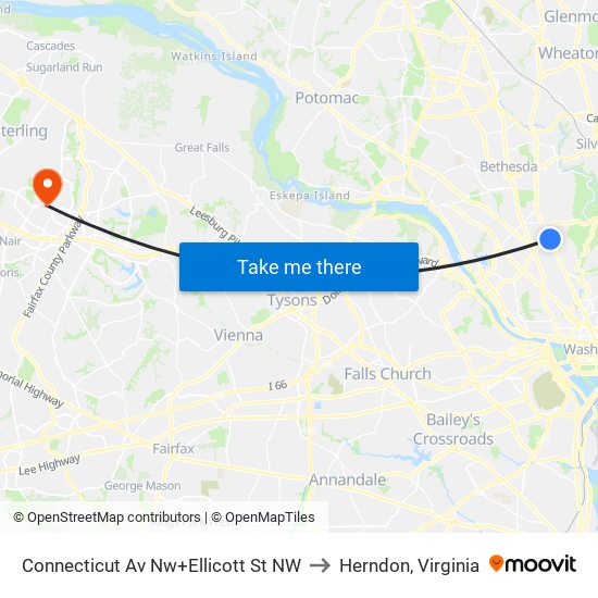 Connecticut Av Nw+Ellicott St NW to Herndon, Virginia map