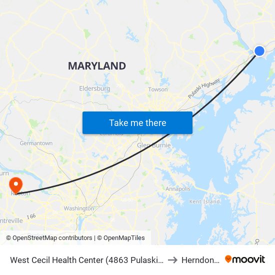 West Cecil Health Center (4863 Pulaski Hwy/Us 40 at Roundabout) to Herndon, Virginia map