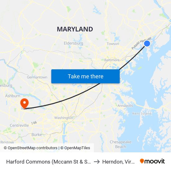 Harford Commons (Mccann St & Starr St) to Herndon, Virginia map