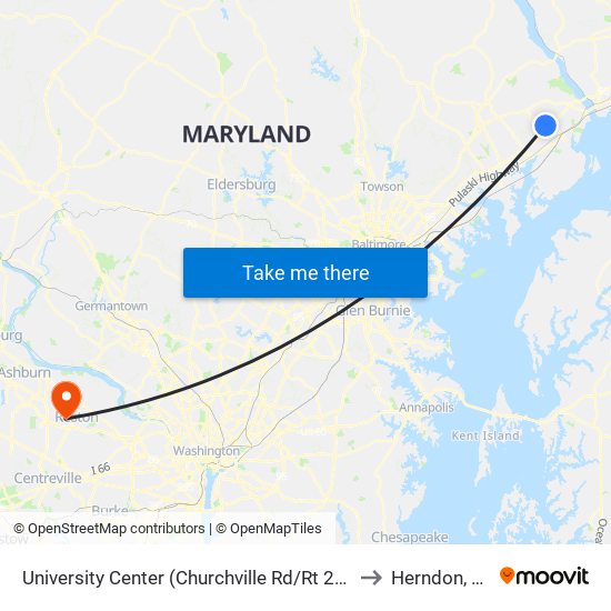 University Center (Churchville Rd/Rt 22 & Technology Dr) to Herndon, Virginia map