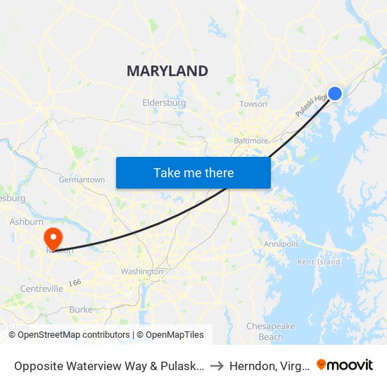 Opposite Waterview Way & Pulaski Hwy to Herndon, Virginia map