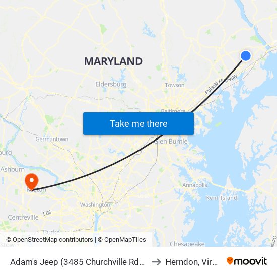 Adam's Jeep (3485 Churchville Rd/Rt 22) to Herndon, Virginia map