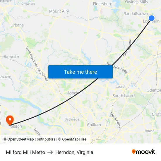 Milford Mill Metro to Herndon, Virginia map