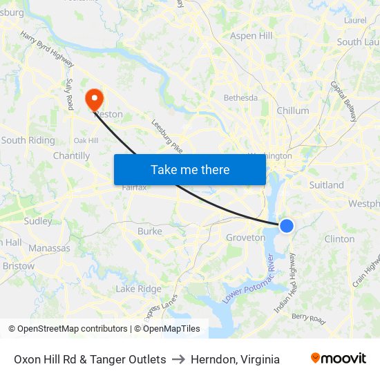 Oxon Hill Rd & Tanger Outlets to Herndon, Virginia map