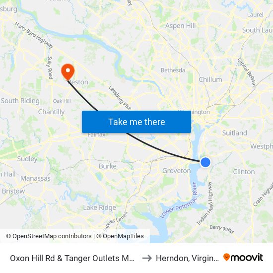 Oxon Hill Rd & Tanger Outlets Main to Herndon, Virginia map