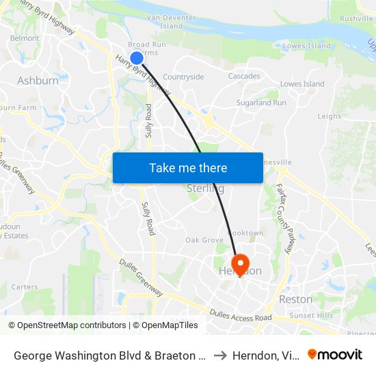 George Washington Blvd & Braeton Bay Terrace to Herndon, Virginia map