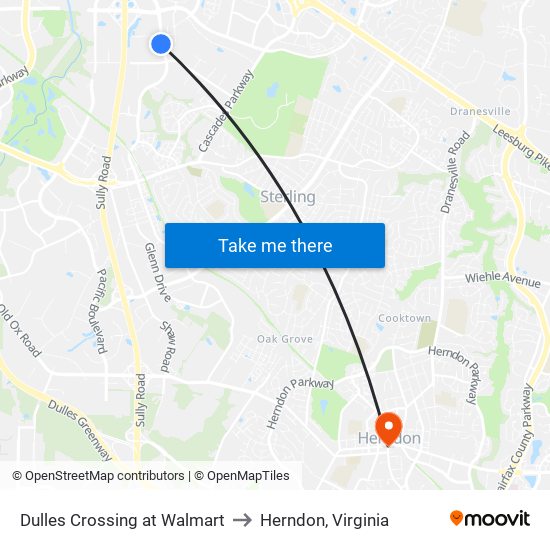 Dulles Crossing at Walmart to Herndon, Virginia map