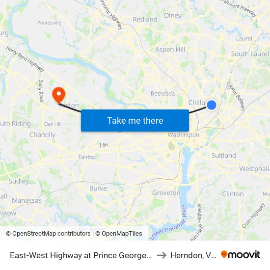 East-West Highway at Prince Georges Mall Entrance to Herndon, Virginia map