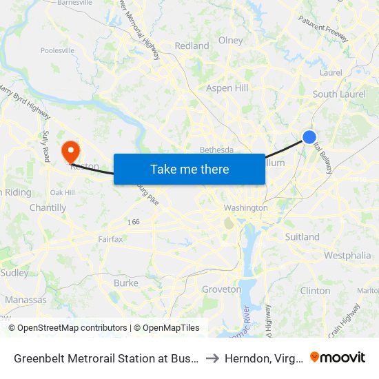 Greenbelt Metrorail Station at Bus Bay E to Herndon, Virginia map