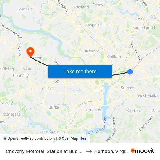 Cheverly Metrorail Station at Bus Bay D to Herndon, Virginia map