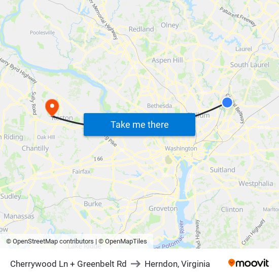 Cherrywood Ln + Greenbelt Rd to Herndon, Virginia map