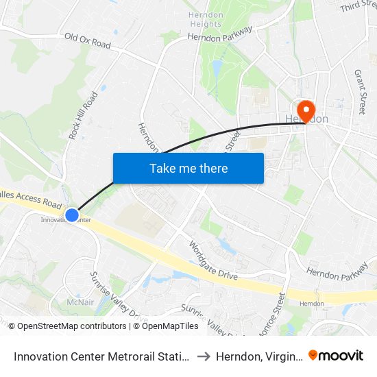 Innovation Center Metrorail Station to Herndon, Virginia map