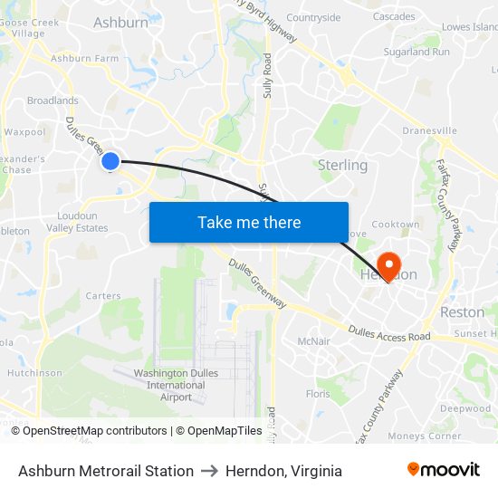 Ashburn Metrorail Station to Herndon, Virginia map