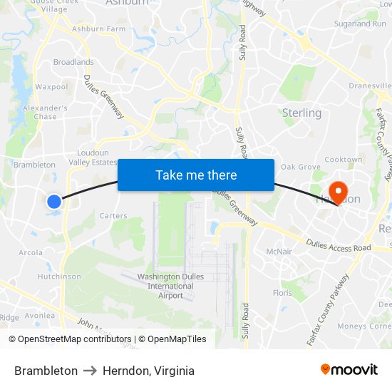 Brambleton to Herndon, Virginia map