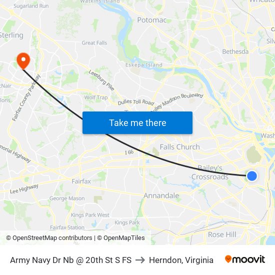 Army Navy Dr Nb @ 20th St S FS to Herndon, Virginia map