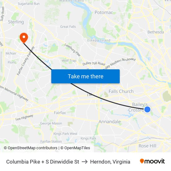 Columbia Pike + S Dinwiddie St to Herndon, Virginia map