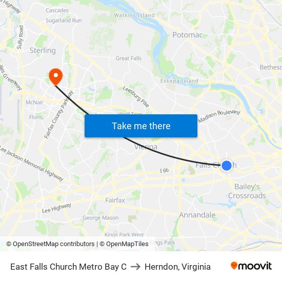 East Falls Church Metro Bay C to Herndon, Virginia map