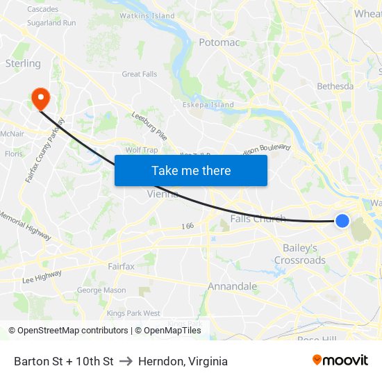 Barton St + 10th St to Herndon, Virginia map