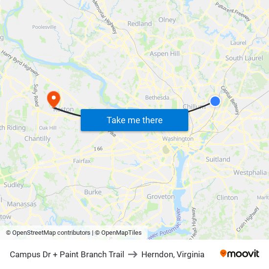 Campus Dr + Paint Branch Trail to Herndon, Virginia map