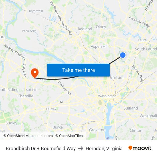 Broadbirch Dr + Bournefield Way to Herndon, Virginia map