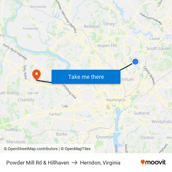 Powder Mill Rd & Hillhaven to Herndon, Virginia map