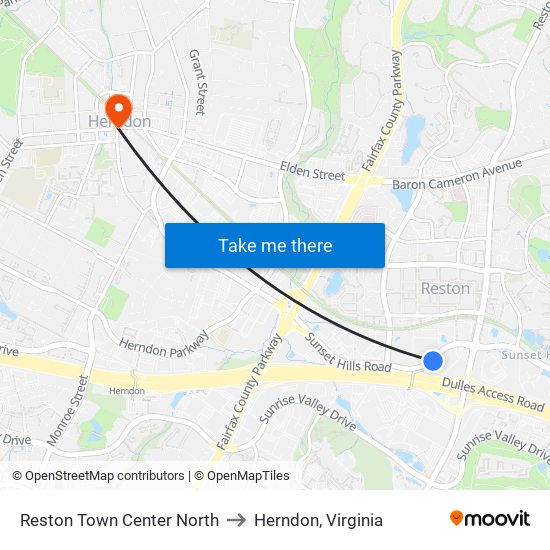 Reston Town Center North to Herndon, Virginia map