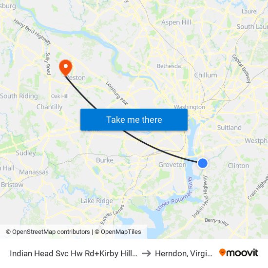 Indian Head Hwy Svc Rd+Kirby Hill Rd to Herndon, Virginia map