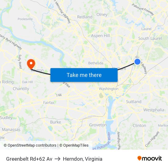 Greenbelt Rd+62 Av to Herndon, Virginia map